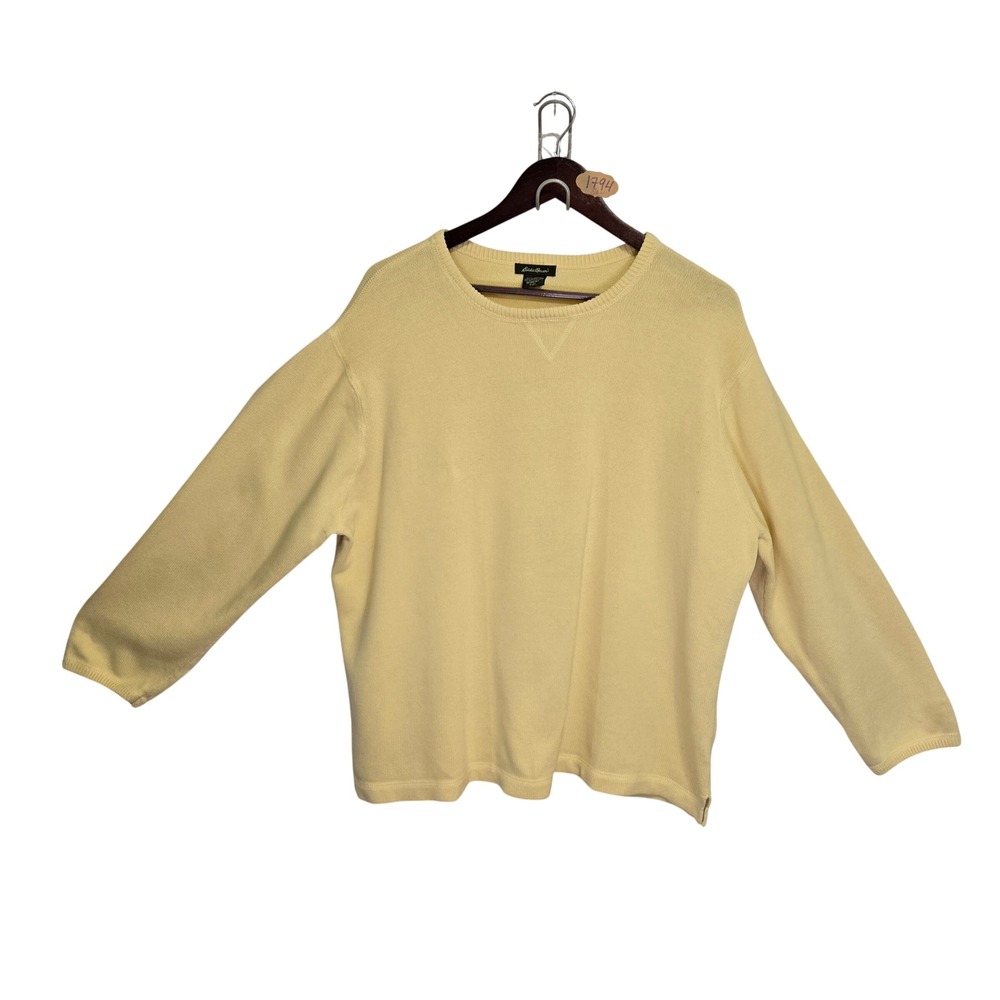 Vintage 90s Eddie Bauer Womens XXL Yellow Cotton Knit Crewneck Sweater Relaxed